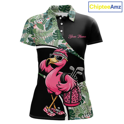 Funny Pink Flamingo Pattern Green Tropical Golf Polo Shirt For Womens, Custom Flamingo Golf Shirt For Team NHT654