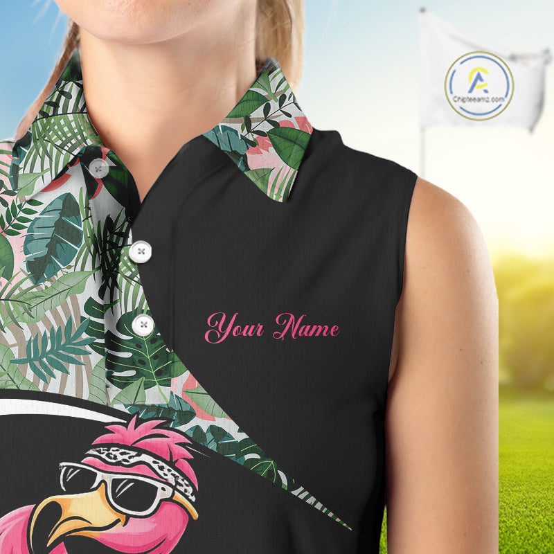 Funny Pink Flamingo Pattern Green Tropical Sleeveless Womens Golf Polo Shirt, Custom Flamingo Golf Shirt For Team NHT654