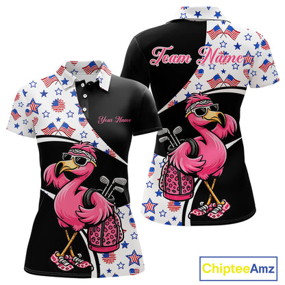 Funny Pink Flamingo Pattern American Flag Golf Polo Shirt For Womens, Custom Flamingo Golf Shirt For Team NHT655