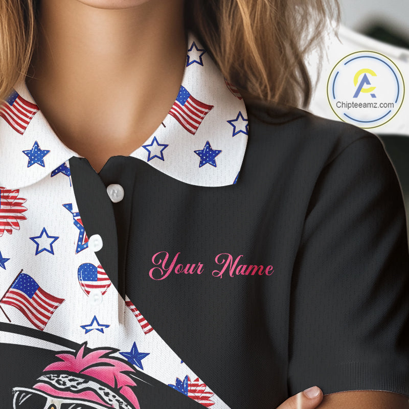 Funny Pink Flamingo Pattern American Flag Golf Polo Shirt For Womens, Custom Flamingo Golf Shirt For Team NHT655
