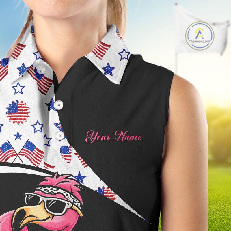 Funny Pink Flamingo Pattern American Flag Sleeveless Womens Golf Polo Shirt, Custom Flamingo Golf Shirt For Team NHT655