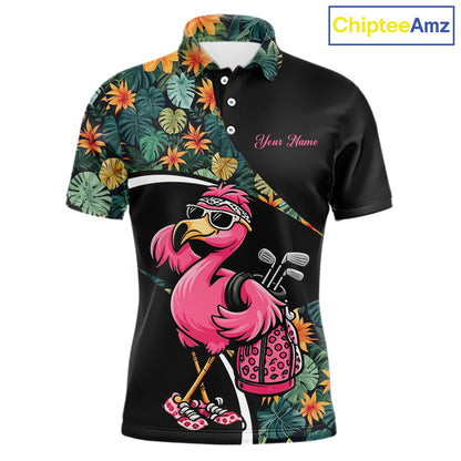 Funny Pink Flamingo Green Tropical Golf Polo Shirt For Men, Custom Flamingo Golf Shirt For Team NHT656