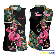 Load image into Gallery viewer, Funny Pink Flamingo Green Tropical Sleeveless Womens Golf Polo Shirt, Custom Flamingo Golf Shirt For Team NHT656