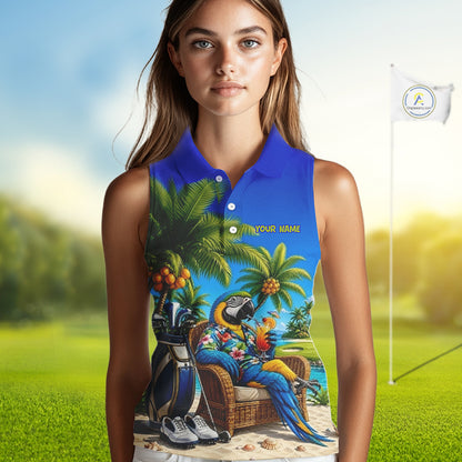 Custom Team Name Tropical Sleeveless Women Golf Polo Shirt – Funny Macaw Parrot Beach Golf Shirt For Womens NHT859