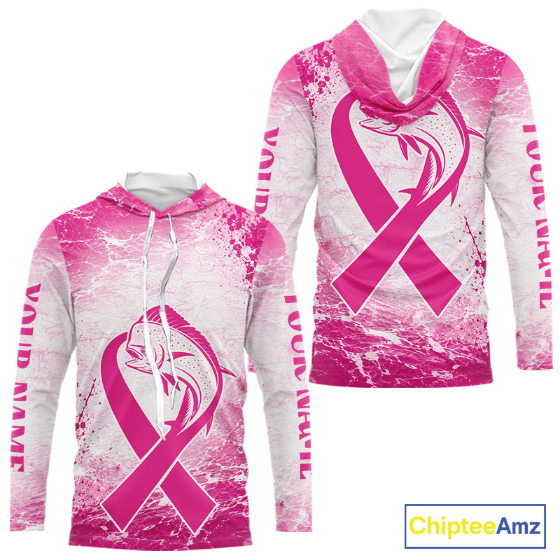 Pink Mahi Mahi Fishing Shirt Hooded Long Sleeve, Breast Cancer Awareness Fishing Shirt, Fisher Gift NHT1470