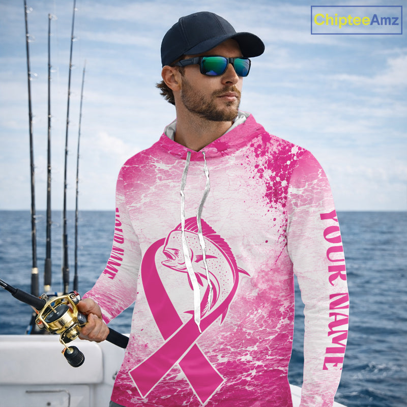 Pink Mahi Mahi Fishing Shirt Hooded Long Sleeve, Breast Cancer Awareness Fishing Shirt, Fisher Gift NHT1470