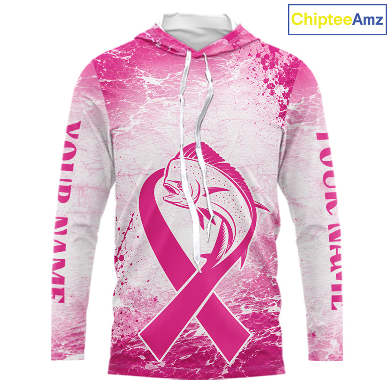 Pink Mahi Mahi Fishing Shirt Hooded Long Sleeve, Breast Cancer Awareness Fishing Shirt, Fisher Gift NHT1470
