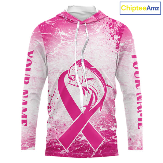 Pink Mahi Mahi Fishing Shirt Hooded Long Sleeve, Breast Cancer Awareness Fishing Shirt, Fisher Gift NHT1470