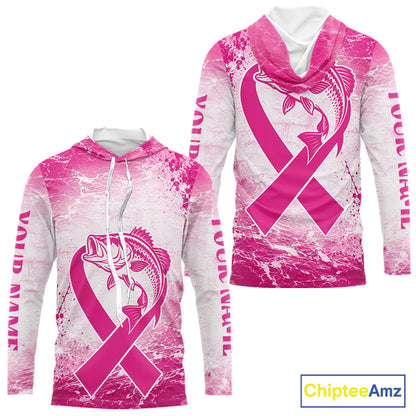 Pink Bass Fishing Shirt Hooded Long Sleeve, Breast Cancer Awareness Fishing Shirt, Bass Fisher Gift NHT1471