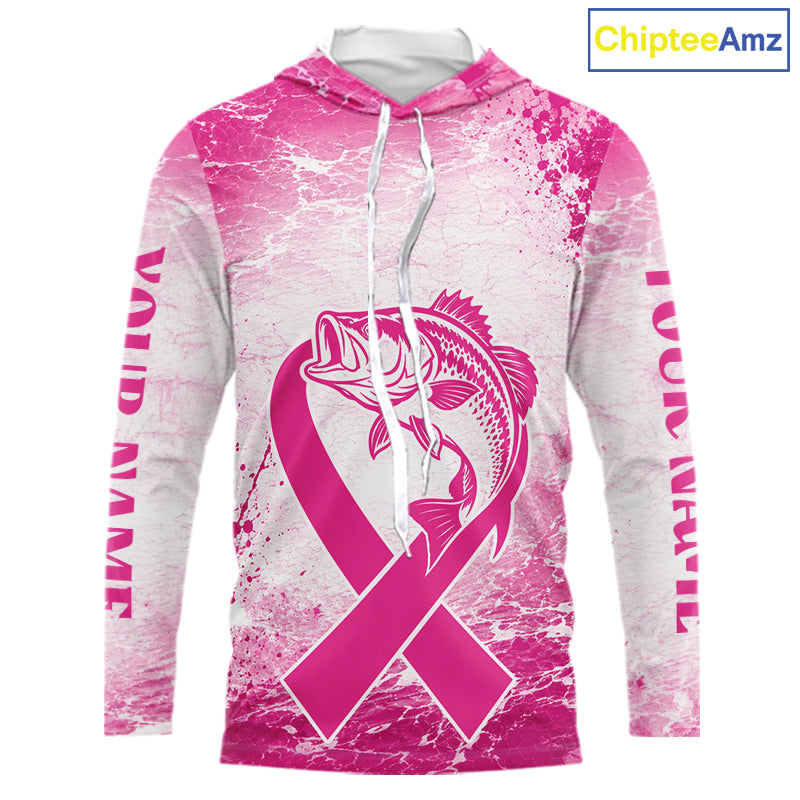 Pink Bass Fishing Shirt Hooded Long Sleeve, Breast Cancer Awareness Fishing Shirt, Bass Fisher Gift NHT1471