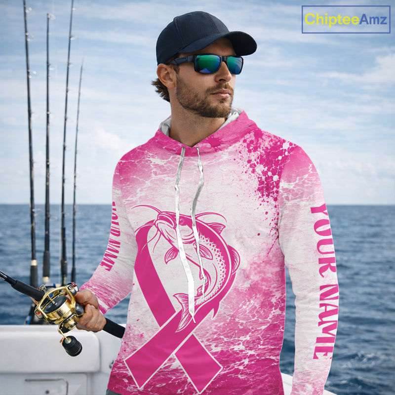 Pink Catfish Fishing Shirt Hooded Long Sleeve, Breast Cancer Awareness Fishing Shirt, Catfish Fisher Gift NHT1473