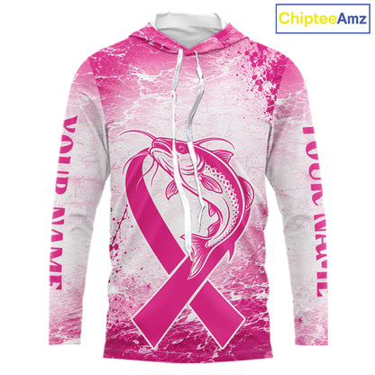 Pink Catfish Fishing Shirt Hooded Long Sleeve, Breast Cancer Awareness Fishing Shirt, Catfish Fisher Gift NHT1473