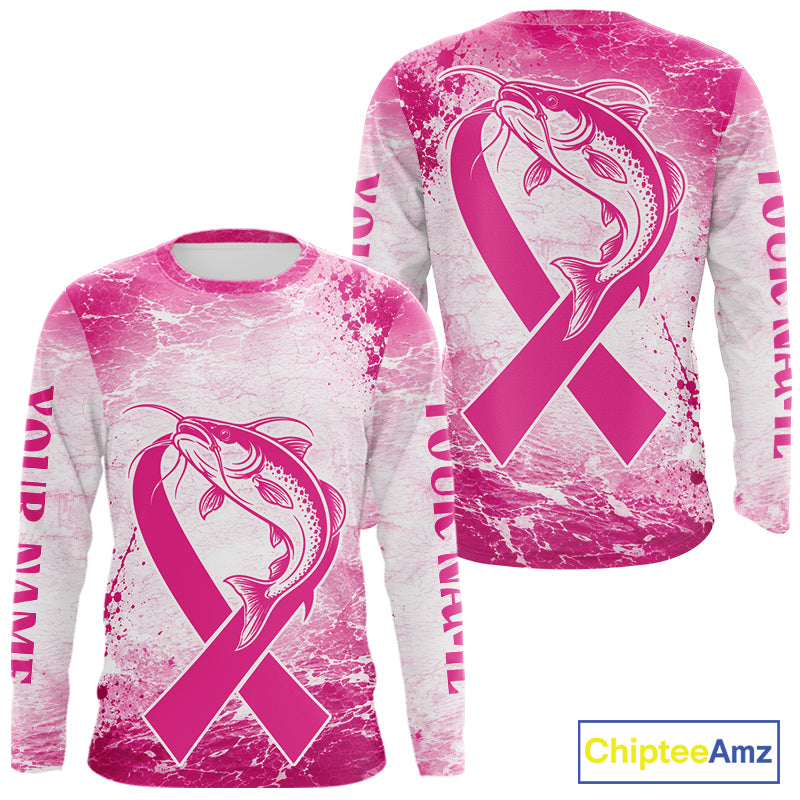Pink Catfish Fishing Shirt Long Sleeve, Breast Cancer Awareness Fishing Shirt, Catfish Fisher Gift NHT1473