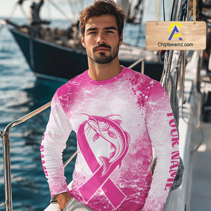 Pink Catfish Fishing Shirt Long Sleeve, Breast Cancer Awareness Fishing Shirt, Catfish Fisher Gift NHT1473