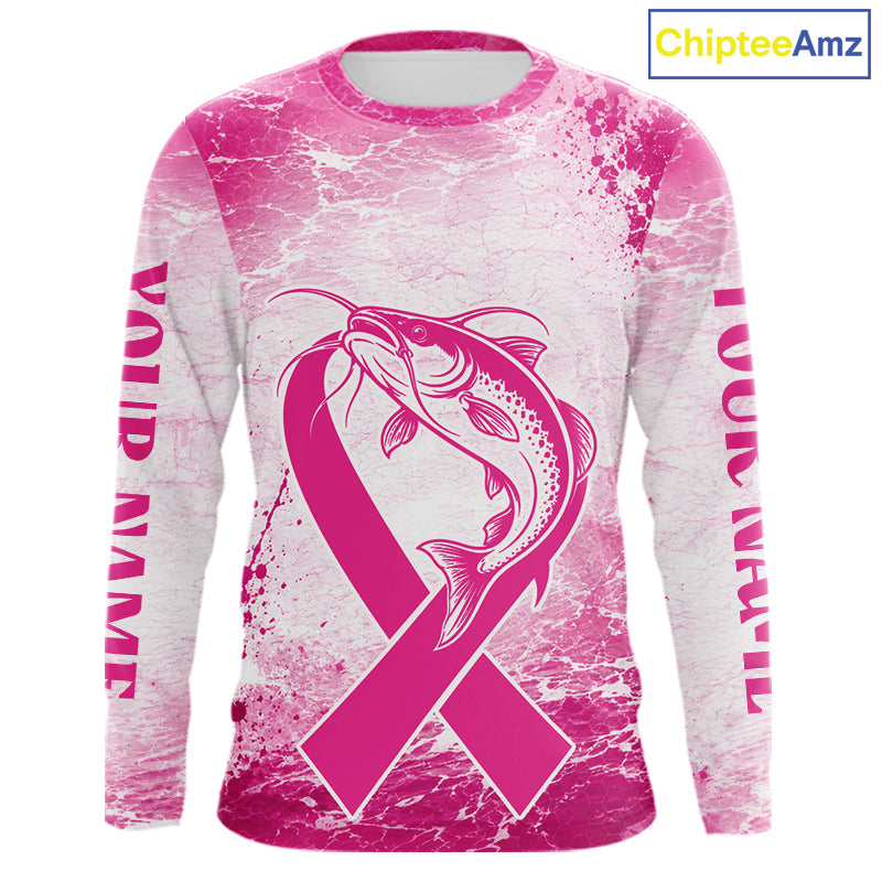 Pink Catfish Fishing Shirt Long Sleeve, Breast Cancer Awareness Fishing Shirt, Catfish Fisher Gift NHT1473