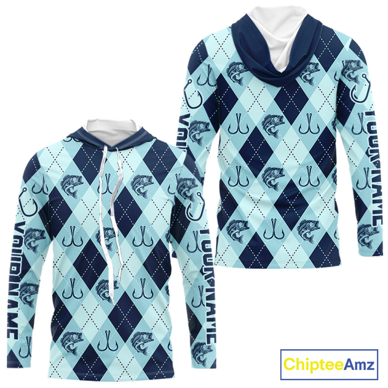 Personalized Largemouth Bass Fishing Hooded Long Sleeve Shirt, Argyle Fish Pattern Top NHT1481