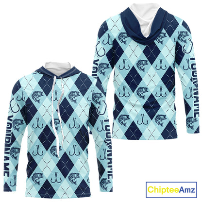 Personalized Largemouth Bass Fishing Hooded Long Sleeve Shirt, Argyle Fish Pattern Top NHT1481