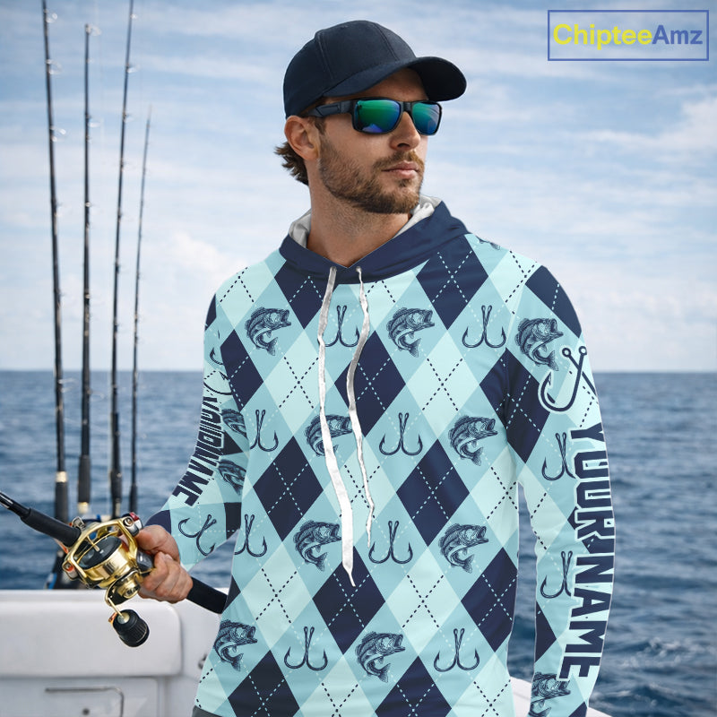 Personalized Largemouth Bass Fishing Hooded Long Sleeve Shirt, Argyle Fish Pattern Top NHT1481