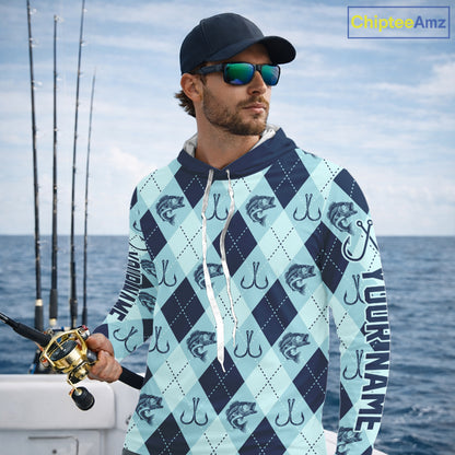 Personalized Largemouth Bass Fishing Hooded Long Sleeve Shirt, Argyle Fish Pattern Top NHT1481