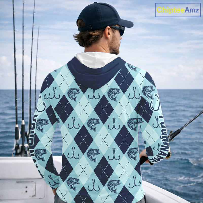 Personalized Largemouth Bass Fishing Hooded Long Sleeve Shirt, Argyle Fish Pattern Top NHT1481