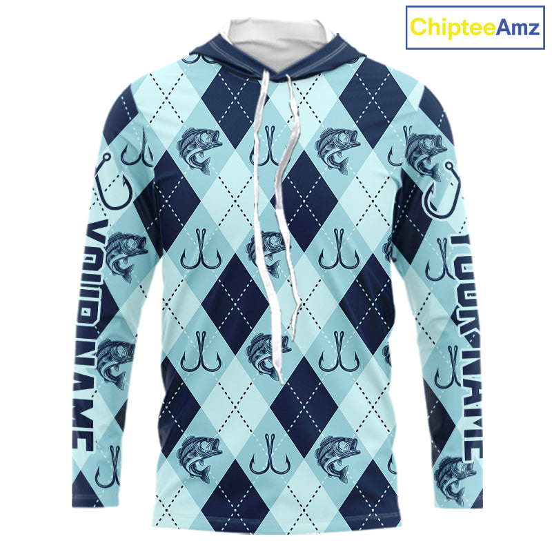 Personalized Largemouth Bass Fishing Hooded Long Sleeve Shirt, Argyle Fish Pattern Top NHT1481