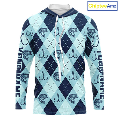 Personalized Largemouth Bass Fishing Hooded Long Sleeve Shirt, Argyle Fish Pattern Top NHT1481