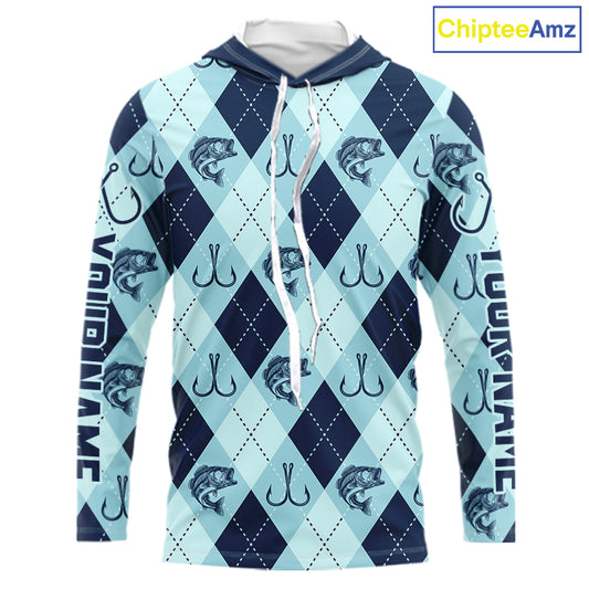 Personalized Largemouth Bass Fishing Hooded Long Sleeve Shirt, Argyle Fish Pattern Top NHT1481