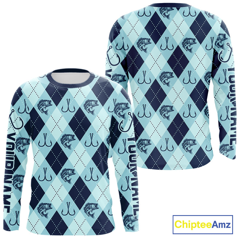 Personalized Largemouth Bass Fishing Long Sleeve Shirt, Argyle Fish Pattern Top NHT1481