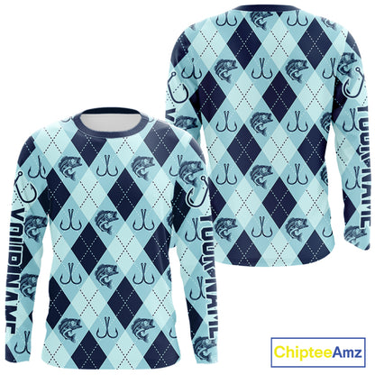 Personalized Largemouth Bass Fishing Long Sleeve Shirt, Argyle Fish Pattern Top NHT1481