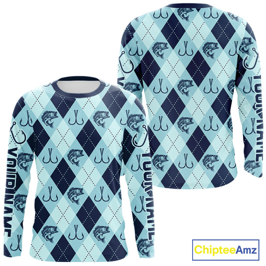 Personalized Largemouth Bass Fishing Long Sleeve Shirt, Argyle Fish Pattern Top NHT1481