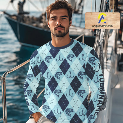 Personalized Largemouth Bass Fishing Long Sleeve Shirt, Argyle Fish Pattern Top NHT1481