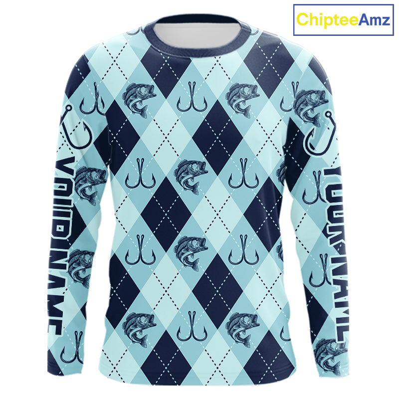 Personalized Largemouth Bass Fishing Long Sleeve Shirt, Argyle Fish Pattern Top NHT1481