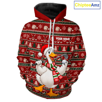 Personalized Duck Golf Christmas Hoodie Red Ugly Sweater Winter Golfer Sportswear NHT1815