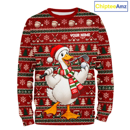 Personalized Duck Golf Christmas Hoodie Red Ugly Sweater Winter Golfer Sportswear NHT1815