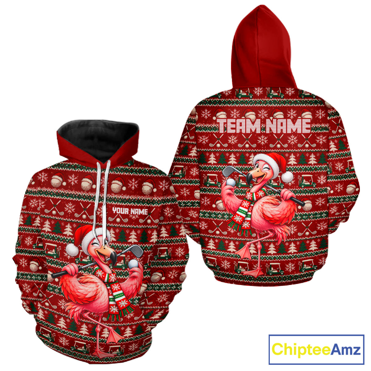 Personalized Flamingo Golf Christmas Hoodie Red Ugly Sweater Winter Golfer Sportswear NHT1816