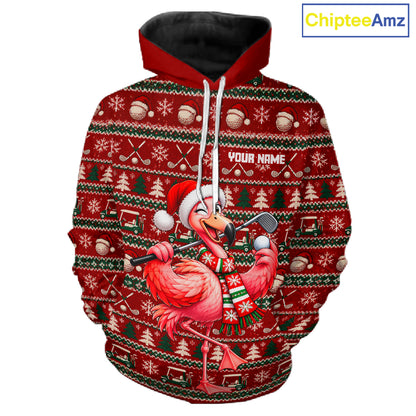 Personalized Flamingo Golf Christmas Hoodie Red Ugly Sweater Winter Golfer Sportswear NHT1816