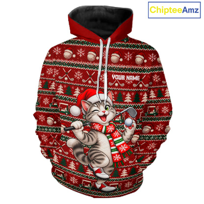 Personalized Cat Golf Christmas Hoodie Red Ugly Sweater Winter Golfer Sportswear NHT1817