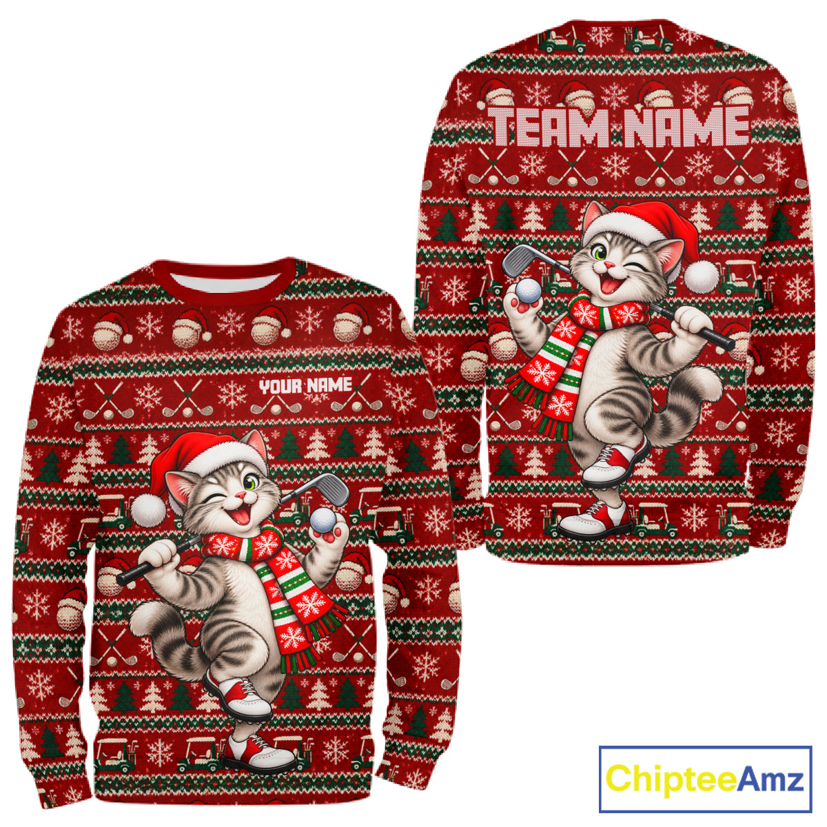 Personalized Cat Golf Christmas Hoodie Red Ugly Sweater Winter Golfer Sportswear NHT1817