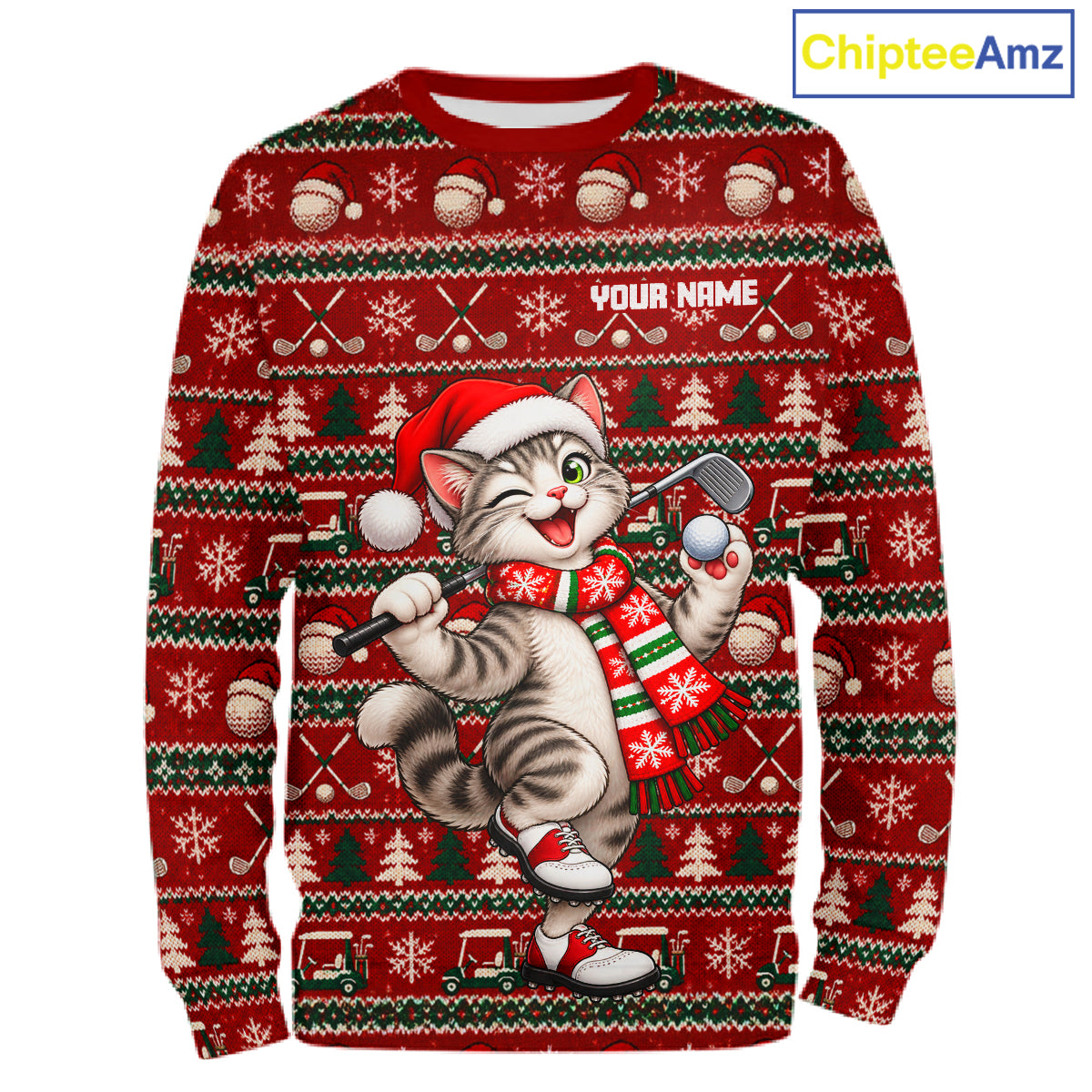 Personalized Cat Golf Christmas Hoodie Red Ugly Sweater Winter Golfer Sportswear NHT1817