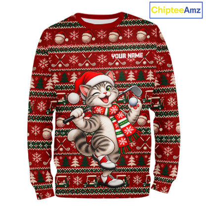 Personalized Cat Golf Christmas Hoodie Red Ugly Sweater Winter Golfer Sportswear NHT1817