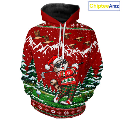 Personalized Cat Golf Christmas Hoodie Red Ugly Sweater Winter Golfer Sportswear NHT1818