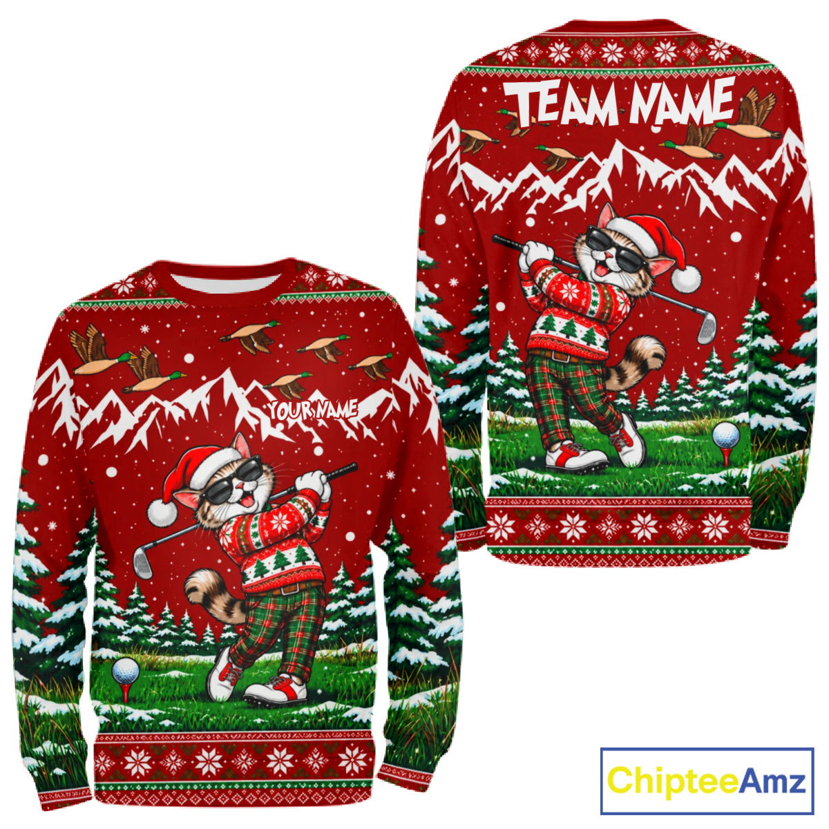 Personalized Cat Golf Christmas Hoodie Red Ugly Sweater Winter Golfer Sportswear NHT1818