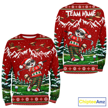 Personalized Cat Golf Christmas Hoodie Red Ugly Sweater Winter Golfer Sportswear NHT1818