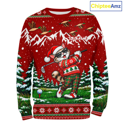 Personalized Cat Golf Christmas Hoodie Red Ugly Sweater Winter Golfer Sportswear NHT1818