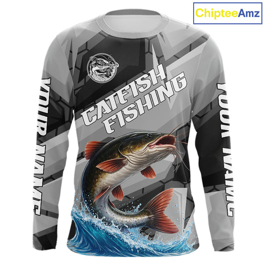 Gray Camo Custom Catfish Fishing Shirts Long Sleeve, Catfish Fishing Jerseys For Men NHT445
