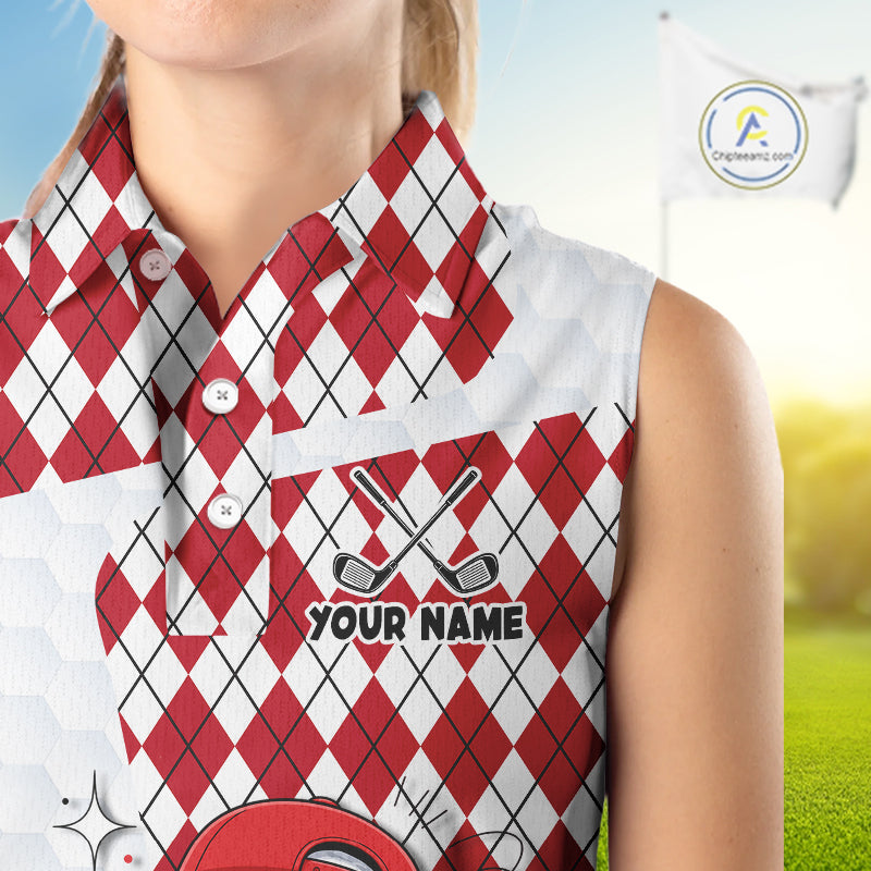 Sleeveless Women Golf Polo Shirt Argyle Pattern Golf Shirts For Womens Funny Golf Ball Shirt Gifts|Red  NHT861