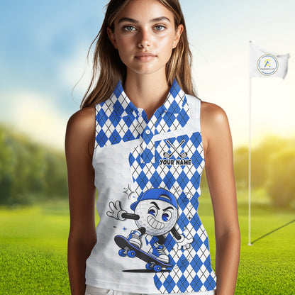 Sleeveless Women Golf Polo Shirt Argyle Pattern Golf Shirts For Womens Funny Golf Ball Shirt Gifts|Blue NHT862