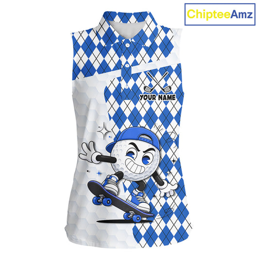 Sleeveless Women Golf Polo Shirt Argyle Pattern Golf Shirts For Womens Funny Golf Ball Shirt Gifts|Blue NHT862