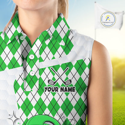 Sleeveless Women Golf Polo Shirt Argyle Pattern Golf Shirts For Womens Funny Golf Ball Shirt Gifts|Green NHT863