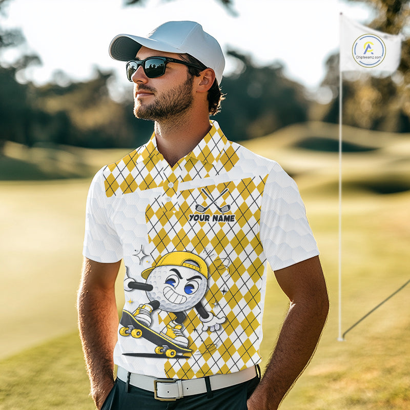 Mens Golf Polo Shirt Argyle Pattern Golf Shirts For Mens Funny Golf Ball Shirtgifts|Yellow NHT864